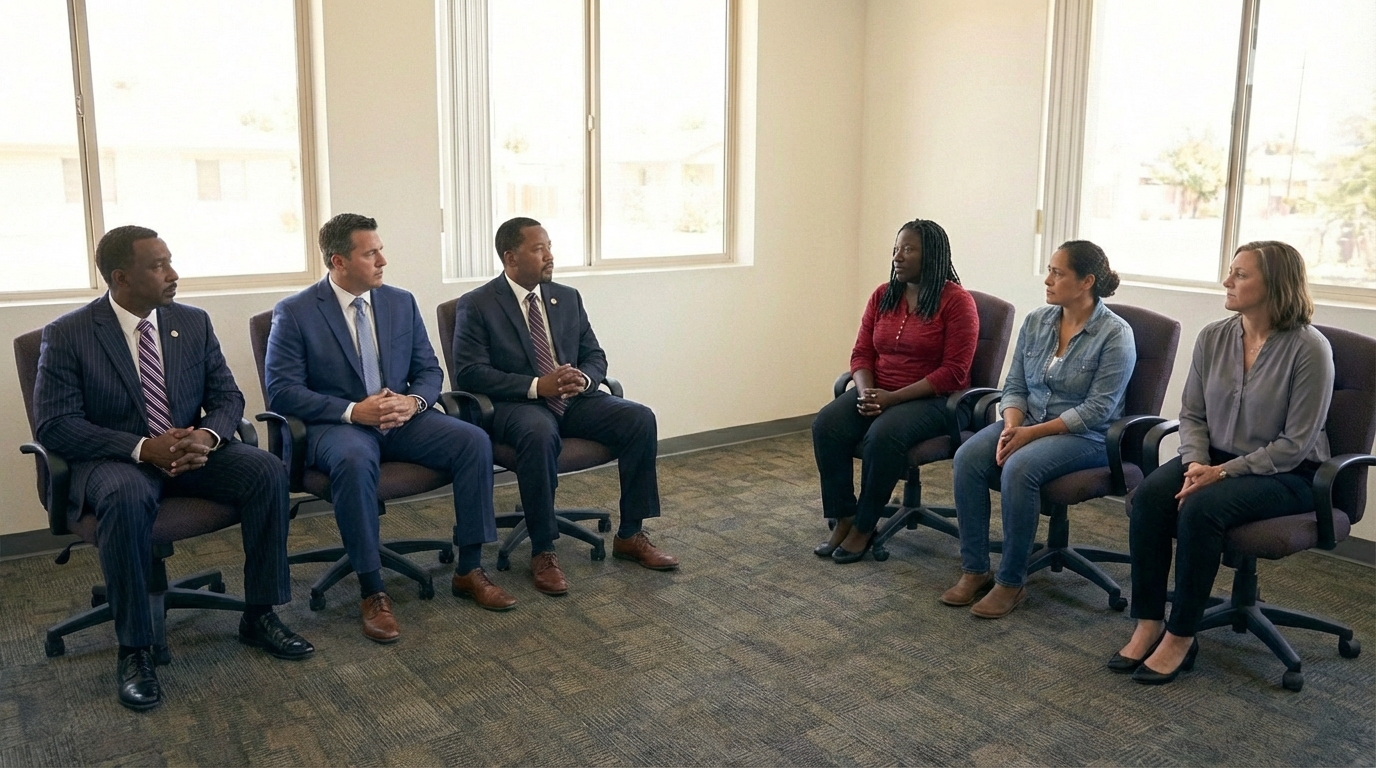 Community leaders and legislators in a small-group advocacy discussion