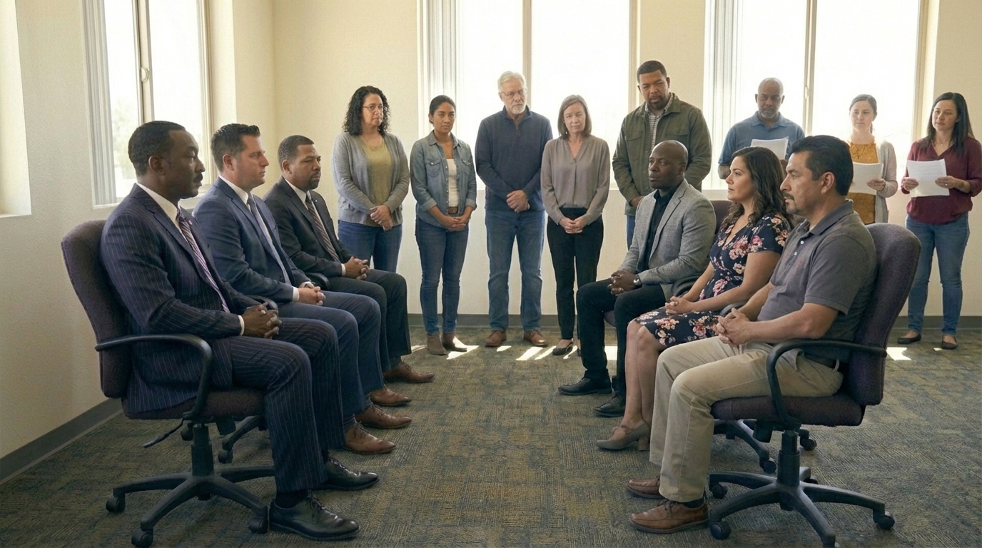 Community members gathered for a group forum discussion