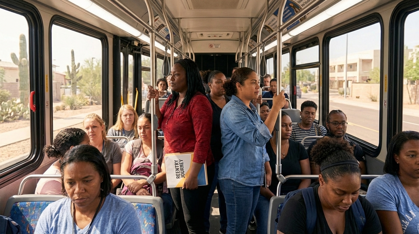Diverse group of community members riding a public bus in Arizona