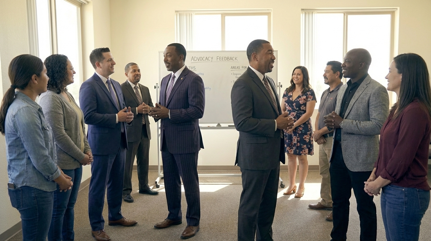 Advocates and leaders networking after a feedback session