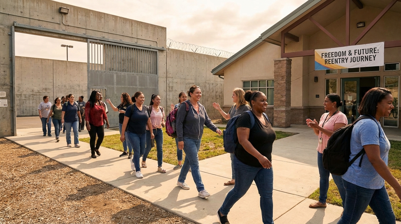 Group of women walking together past a reentry program building