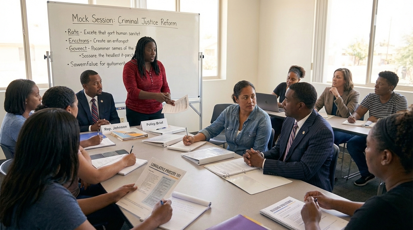 Advocate leading a mock legislative session on criminal justice reform